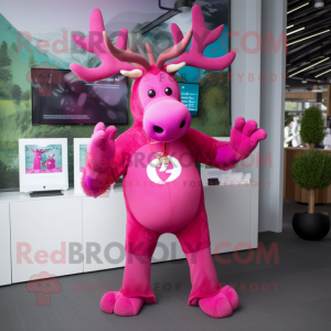 Magenta Elk mascot costume character dressed with a Playsuit and Bracelets