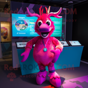 Magenta Elk mascot costume character dressed with a Playsuit and Bracelets