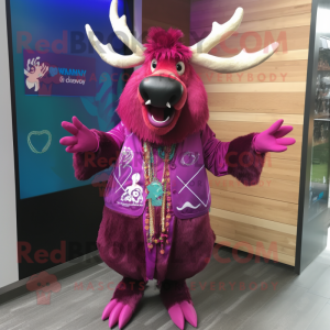 Magenta Elk mascot costume character dressed with a Playsuit and Bracelets