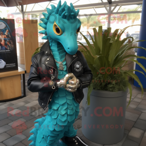 Teal Seahorse mascot costume character dressed with a Leather Jacket and Bracelet watches