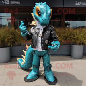 Teal Seahorse mascot costume character dressed with a Leather Jacket and Bracelet watches