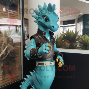 Teal Seahorse mascot costume character dressed with a Leather Jacket and Bracelet watches