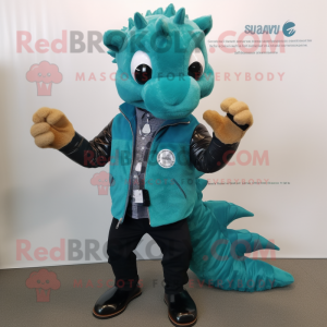 Teal Seahorse mascot costume character dressed with a Leather Jacket and Bracelet watches