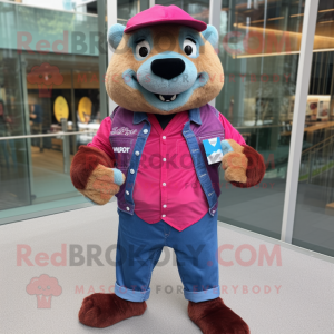 Magenta Marmot mascot costume character dressed with a Denim Shirt and Brooches