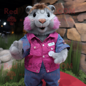Magenta Marmot mascot costume character dressed with a Denim Shirt and Brooches