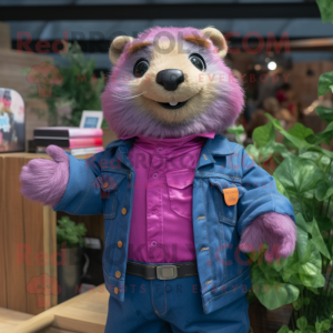 Magenta Marmot mascot costume character dressed with a Denim Shirt and Brooches