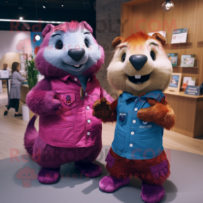 Magenta Marmot mascot costume character dressed with a Denim Shirt and Brooches