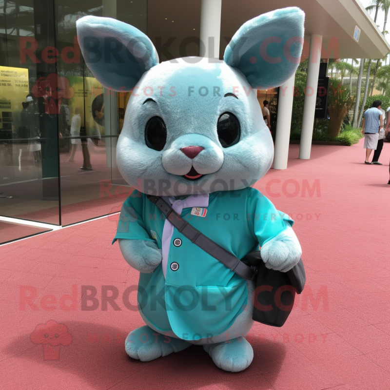 Cyan Chinchilla mascot costume character dressed with a Culottes and Messenger bags