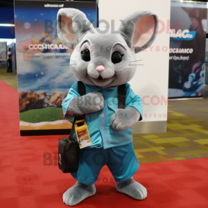 Cyan Chinchilla mascot costume character dressed with a Culottes and Messenger bags