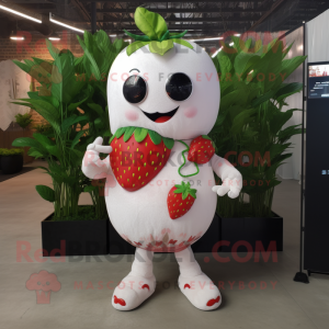 White Strawberry mascot costume character dressed with a Graphic Tee and Bracelets