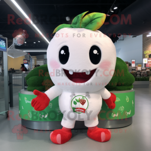 White Strawberry mascot costume character dressed with a Graphic Tee and Bracelets