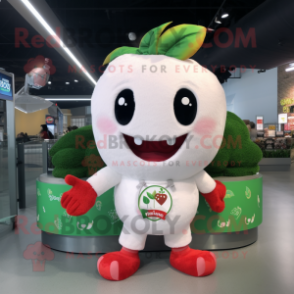 White Strawberry mascot costume character dressed with a Graphic Tee and Bracelets
