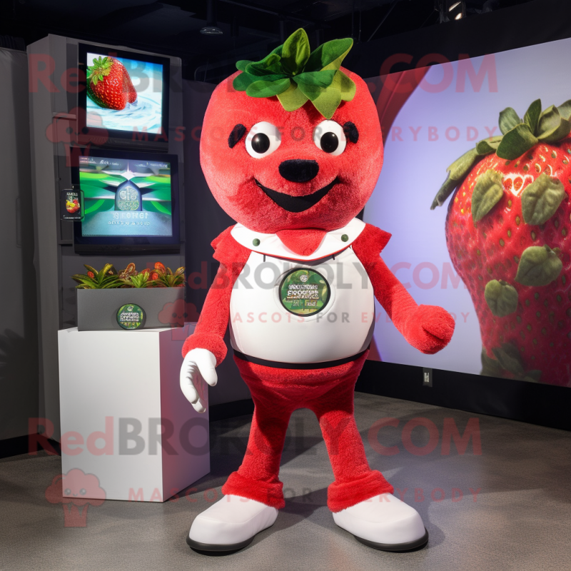 White Strawberry mascot costume character dressed with a Graphic Tee and Bracelets