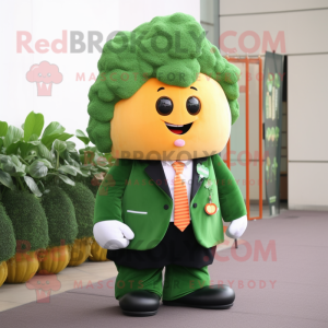 Peach Broccoli mascot costume character dressed with a Suit Jacket and Keychains