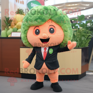Peach Broccoli mascot costume character dressed with a Suit Jacket and Keychains