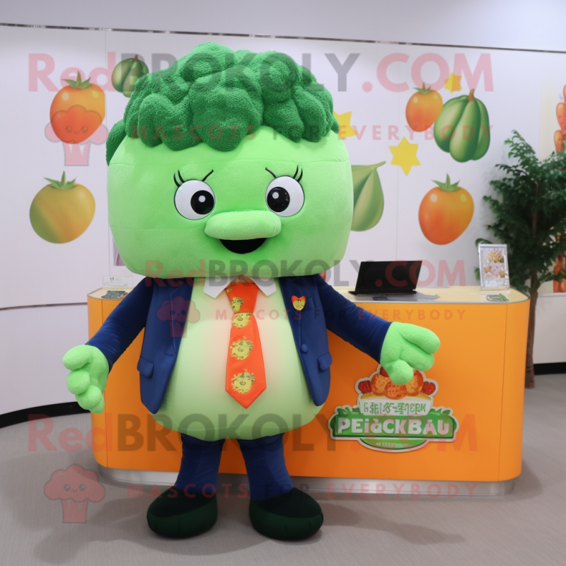 Peach Broccoli mascot costume character dressed with a Suit Jacket and Keychains