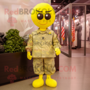 Lemon Yellow American Soldier mascot costume character dressed with a Evening Gown and Shoe laces