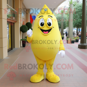 Lemon Yellow American Soldier mascot costume character dressed with a Evening Gown and Shoe laces