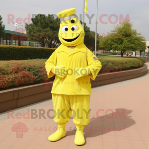 Lemon Yellow American Soldier mascot costume character dressed with a Evening Gown and Shoe laces