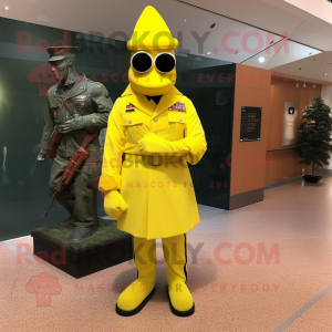 Lemon Yellow American Soldier mascot costume character dressed with a Evening Gown and Shoe laces