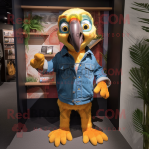 Tan Macaw mascot costume character dressed with a Denim Shorts and Clutch bags