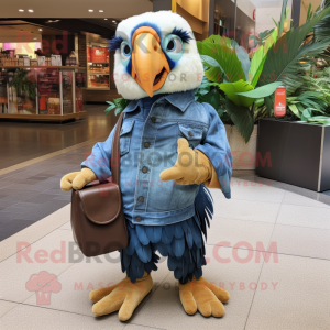 Tan Macaw mascot costume character dressed with a Denim Shorts and Clutch bags