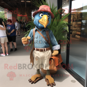 Tan Macaw mascot costume character dressed with a Denim Shorts and Clutch bags