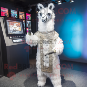 Silver Llama mascot costume character dressed with a T-Shirt and Earrings