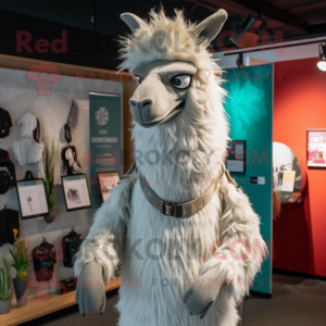 Silver Llama mascot costume character dressed with a T-Shirt and Earrings