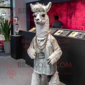 Silver Llama mascot costume character dressed with a T-Shirt and Earrings