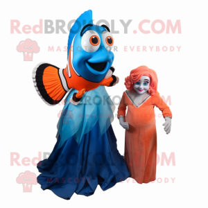 Blue Clown Fish mascot costume character dressed with a Evening Gown and Watches