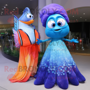 Blue Clown Fish mascot costume character dressed with a Evening Gown and Watches