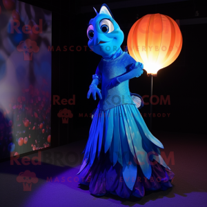 Blue Clown Fish mascot costume character dressed with a Evening Gown and Watches