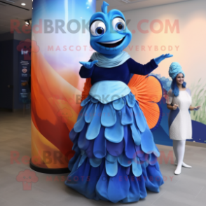 Blue Clown Fish mascot costume character dressed with a Evening Gown and Watches