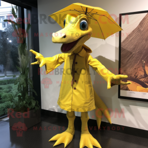 Yellow Pterodactyl mascot costume character dressed with a Raincoat and Clutch bags