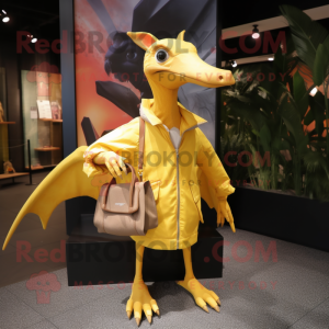 Yellow Pterodactyl mascot costume character dressed with a Raincoat and Clutch bags
