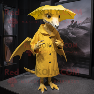 Yellow Pterodactyl mascot costume character dressed with a Raincoat and Clutch bags