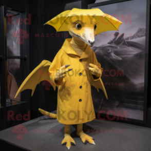 Yellow Pterodactyl mascot costume character dressed with a Raincoat and Clutch bags