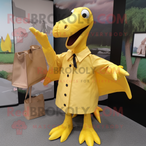 Yellow Pterodactyl mascot costume character dressed with a Raincoat and Clutch bags