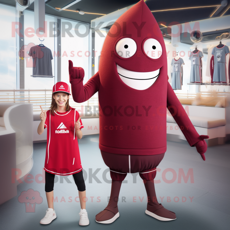 Maroon Ray mascot costume character dressed with a One-Piece Swimsuit and Beanies Maroon Ray mascot costume character dressed with a One-Piece Swimsuit and Beanies