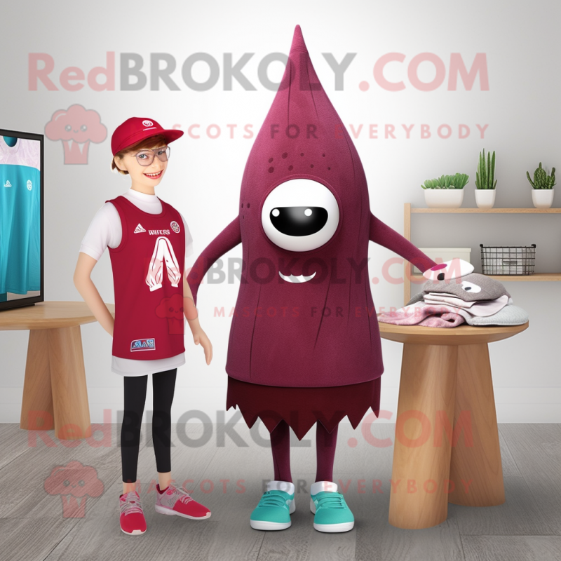 Maroon Ray mascot costume character dressed with a One-Piece Swimsuit and Beanies Maroon Ray mascot costume character dressed with a One-Piece Swimsuit and Beanies