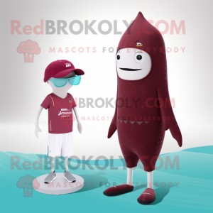 Maroon Ray mascot costume character dressed with a One-Piece Swimsuit and Beanies