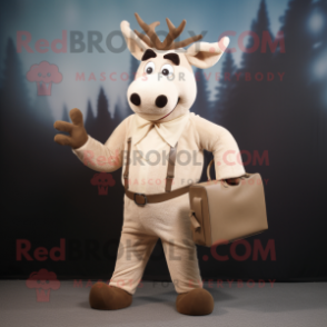 Beige Reindeer mascot costume character dressed with a Dress and Briefcases