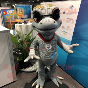 Gray Geckos mascot costume character dressed with a Rash Guard and Tie pins