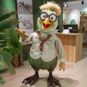 Olive Rooster mascot costume character dressed with a Blouse and Eyeglasses