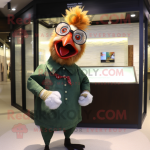 Olive Rooster mascot costume character dressed with a Blouse and Eyeglasses