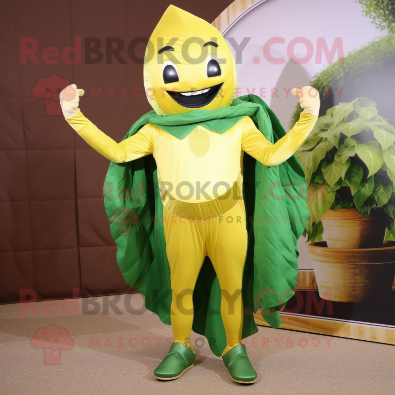 Gold Spinach mascot costume character dressed with a Capri Pants and Shoe clips Gold Spinach mascot costume character dressed with a Capri Pants and Shoe clips