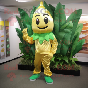 Gold Spinach mascot costume character dressed with a Capri Pants and Shoe clips