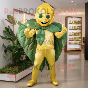 Gold Spinach mascot costume character dressed with a Capri Pants and Shoe clips