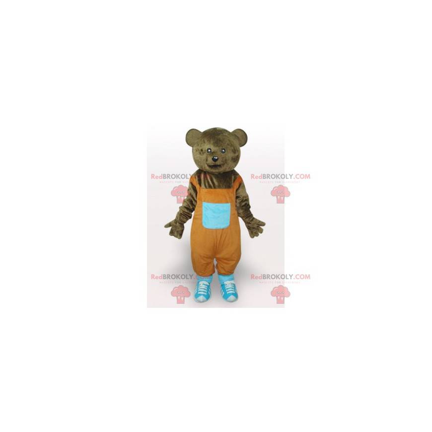 Mascote urso pardo com macacão laranja - Redbrokoly.com